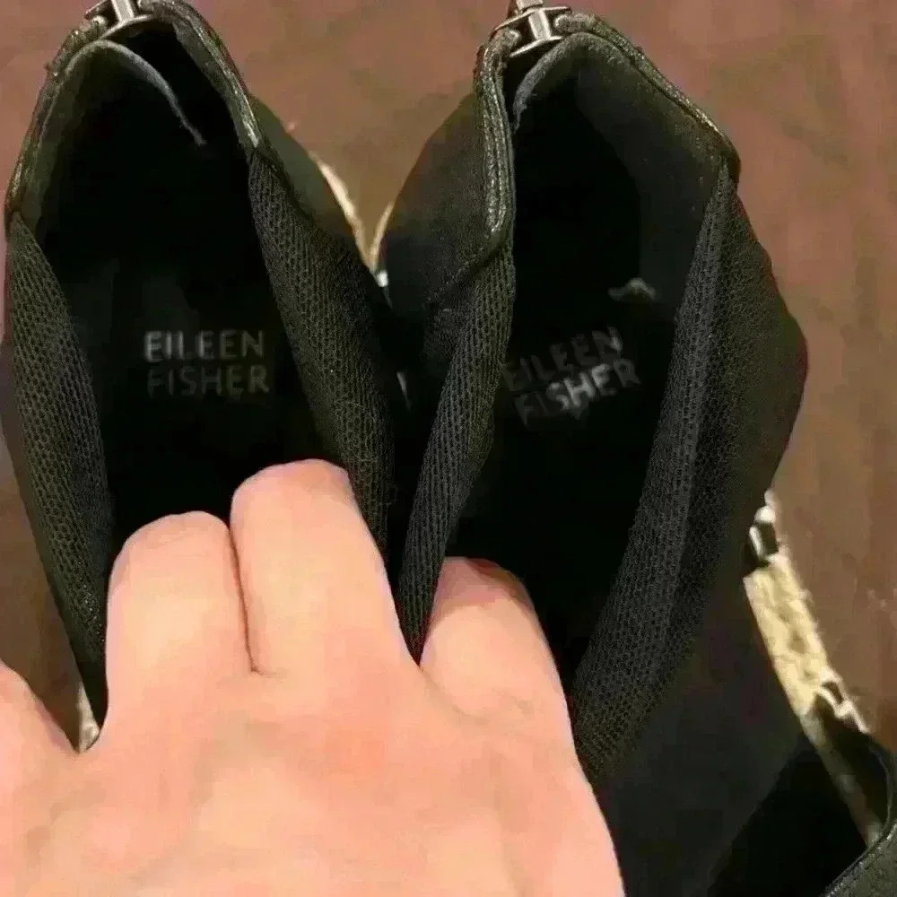 Eileen Fisher Wiley Sandals Shoes 6 Black Leather Zip Up Wedge Knot Espadrille - Picture 4 of 10